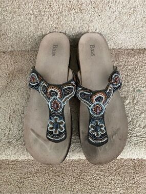 Bass Black Beaded T-Strap Sandals with Gold & Brown Accents
